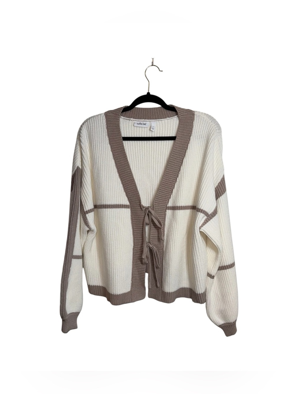Buckle Willow & Root Tie Front Cardigan Sweater Cream & Tan Knit Large Women’s